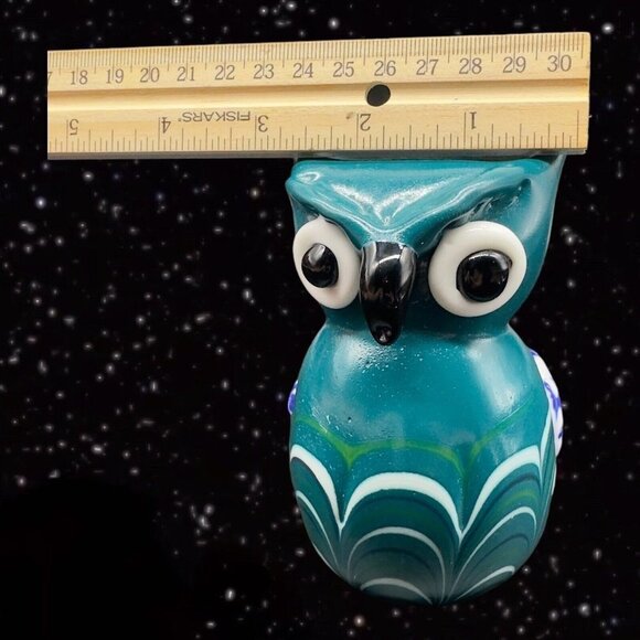 Art Glass Owl Figurine Paperweight Pulled Feather Glass Cased Bird Blue Fritz - Picture 6 of 14